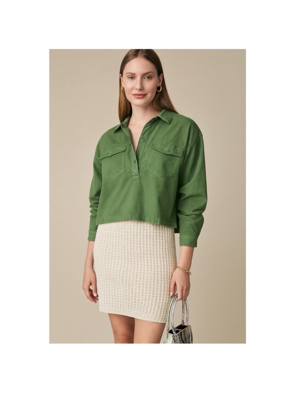 J.Crew Popover Cropped Shirt Sz M Cotton Linen Blend Green Denim Utility Boxy - Picture 3 of 10